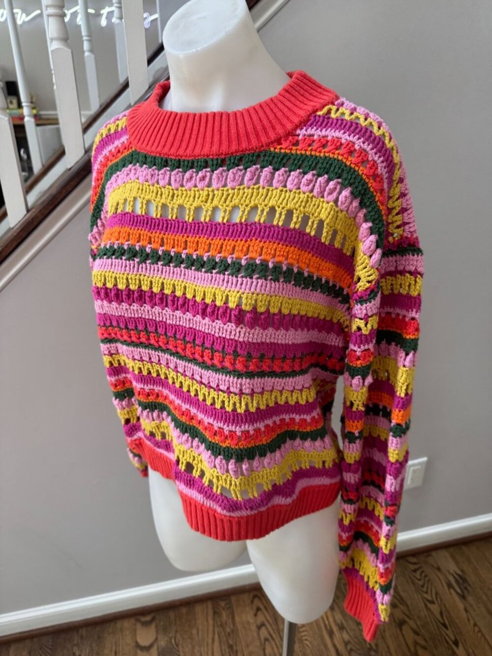 Farm Rio Fruit Dream Crochet Knit Striped Cotton Sweater Size Small - Picture 3 of 4